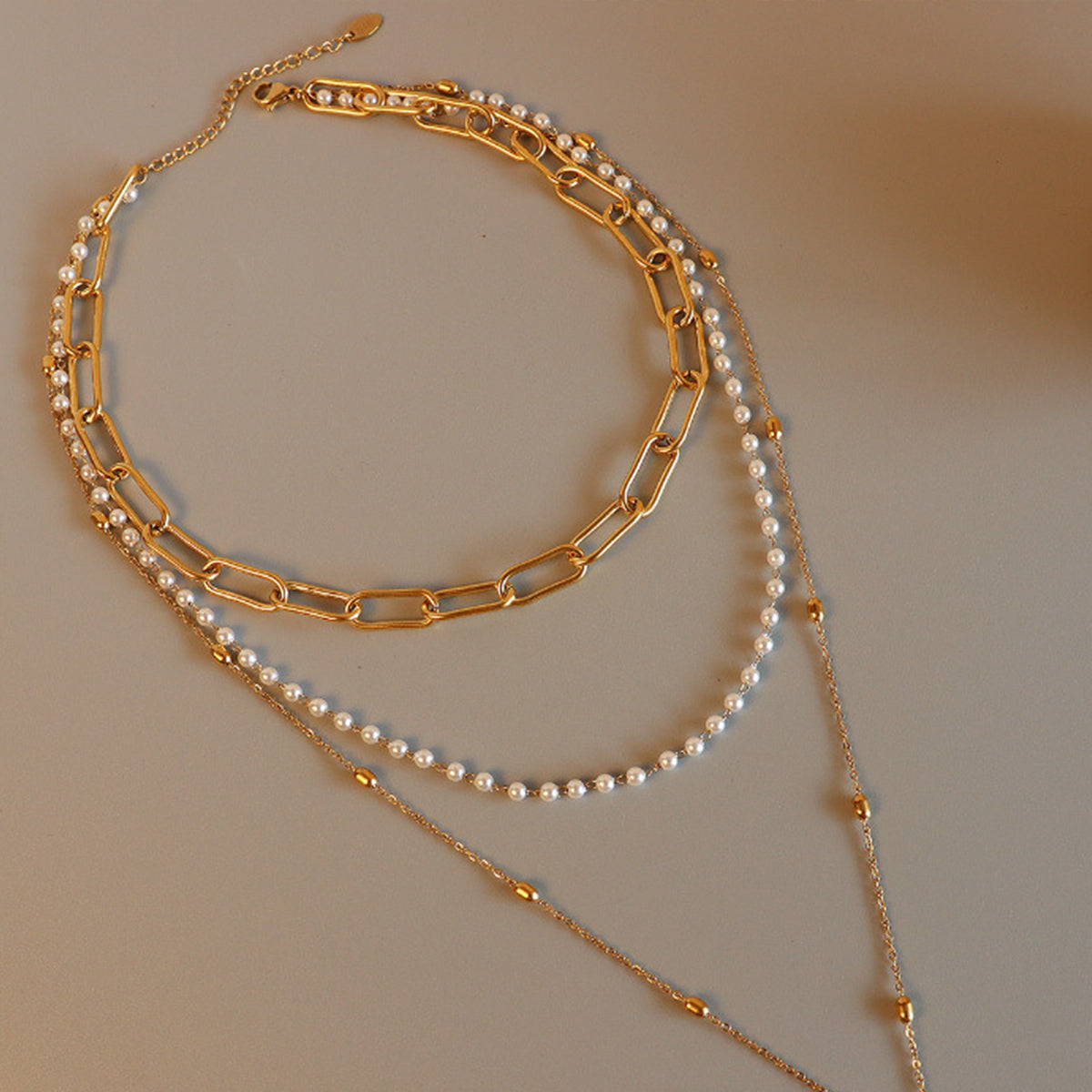 Faux Pearl Titanium Steel Three-Layered Necklace