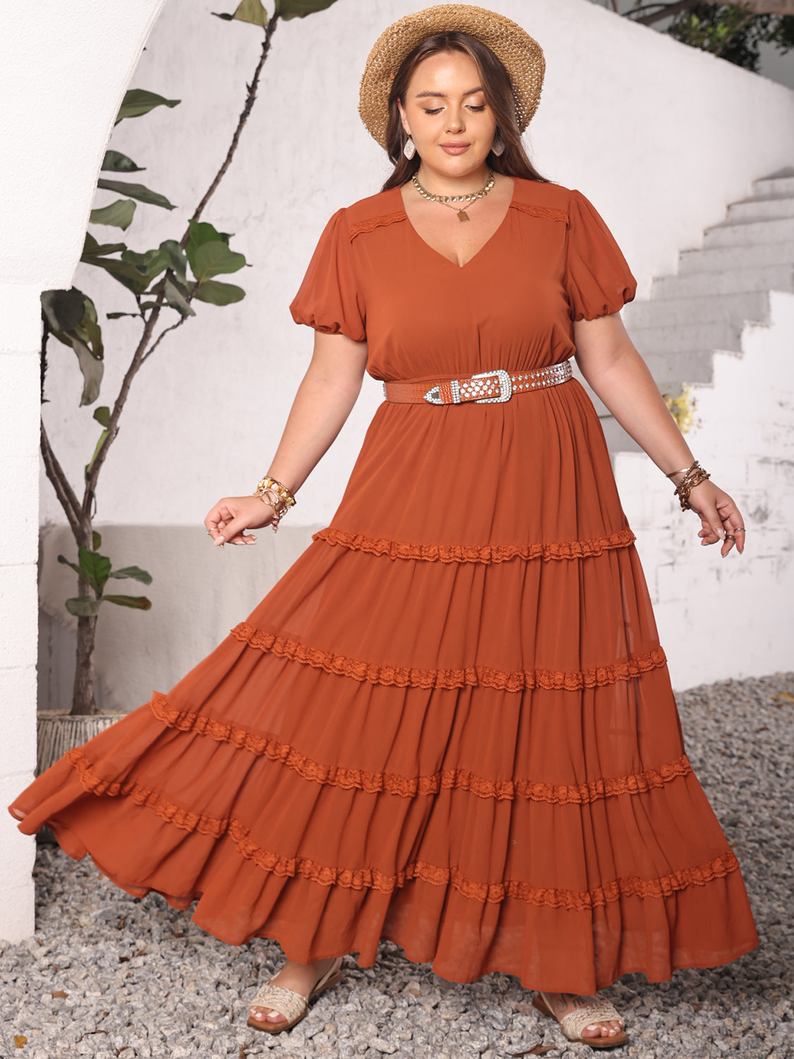 Plus Size Ruched Lace Detail V-Neck Short Sleeve Dress