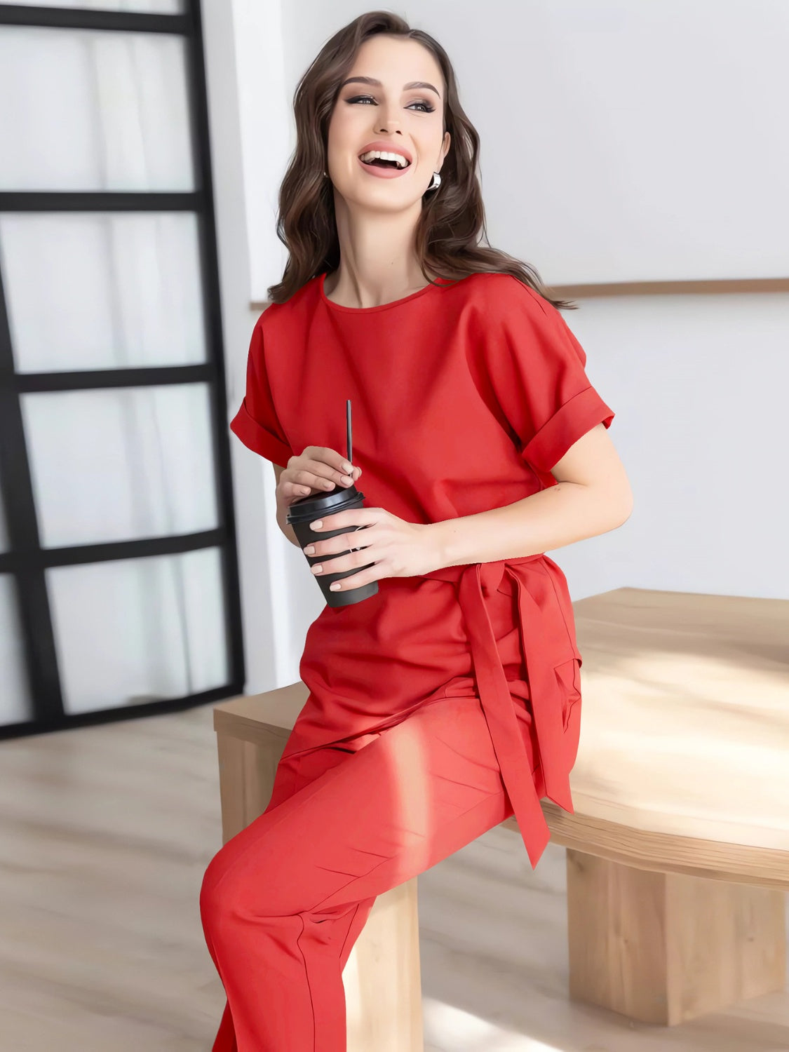 Round Neck Short Sleeve Top and Pants Set