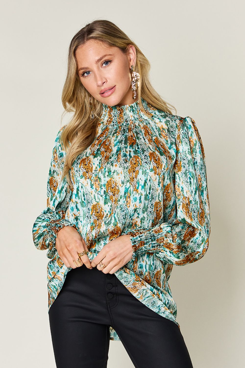 Double Take Full Size Printed Smocked Long Sleeve Blouse