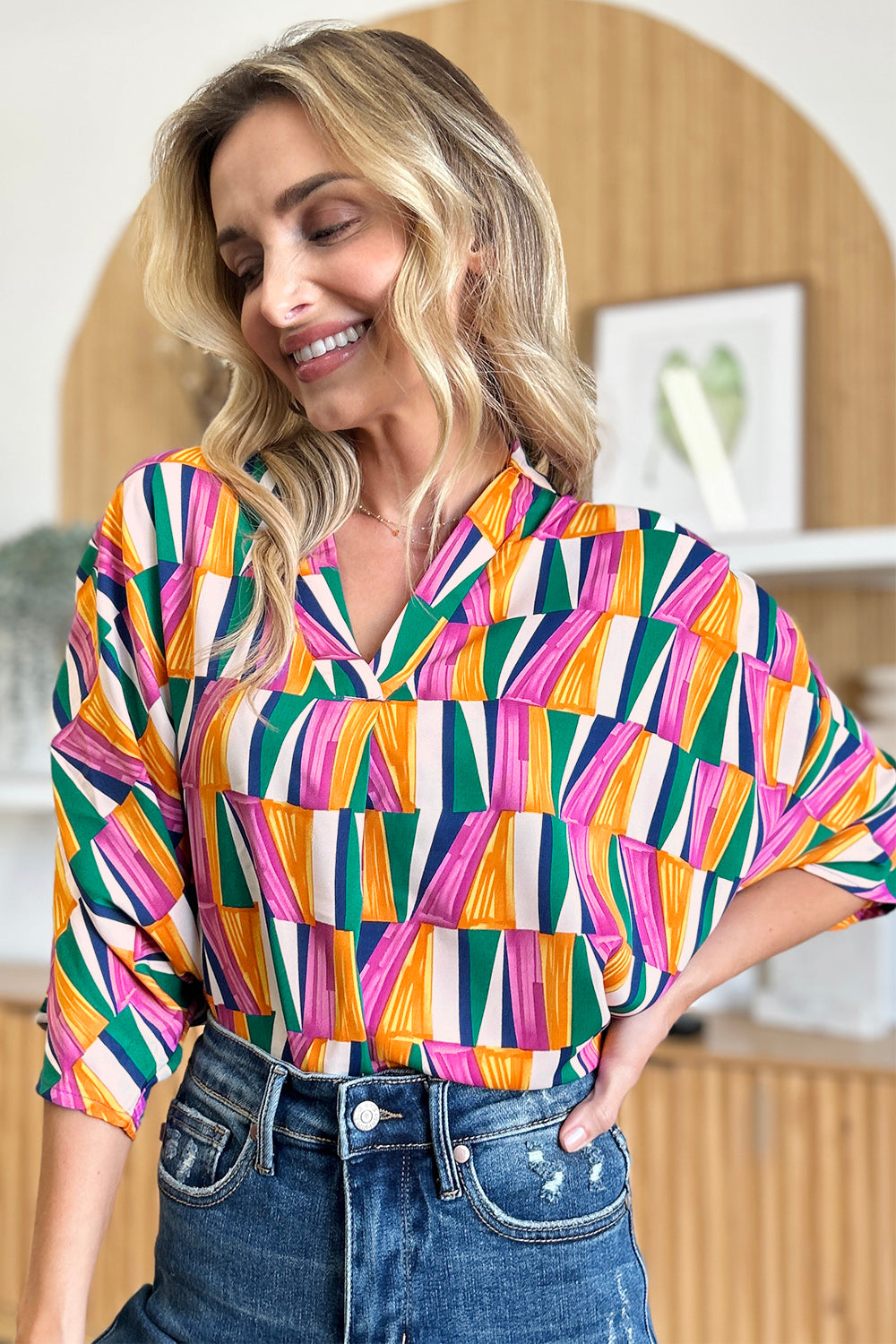 Double Take Full Size Geometric Notched Raglan Sleeve Blouse