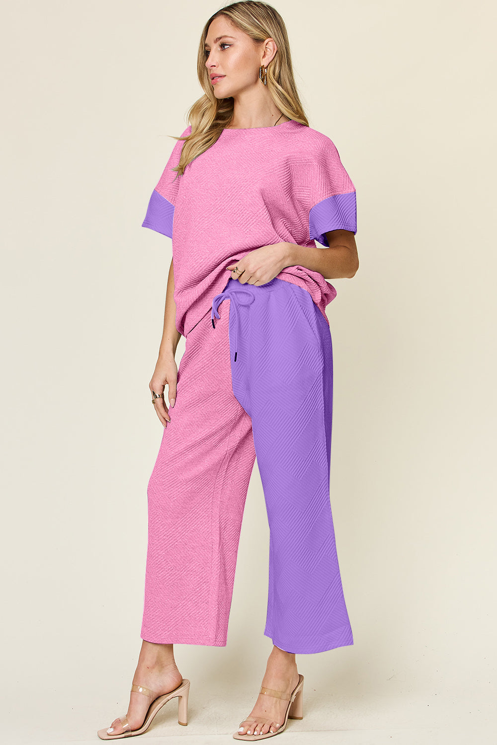 Double Take Full Size Texture Contrast T-Shirt and Wide Leg Pants Set