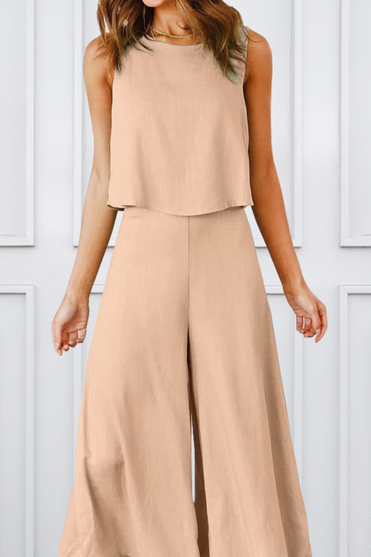 Round Neck Top and Wide Leg Pants Set