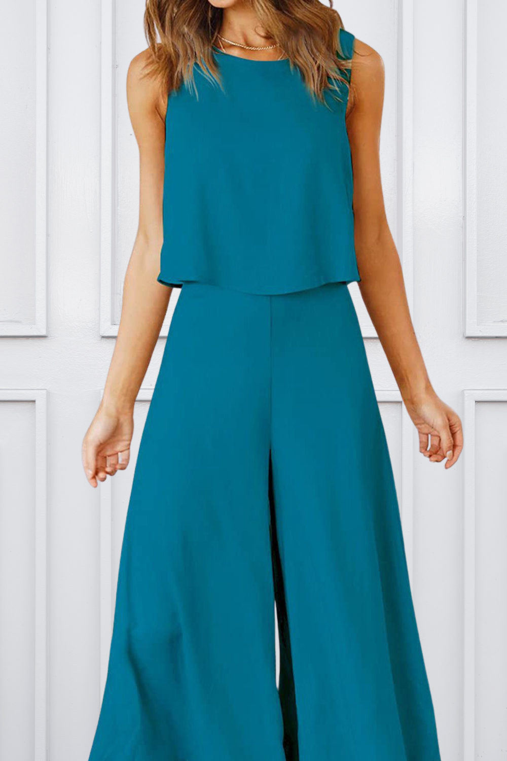 Round Neck Top and Wide Leg Pants Set