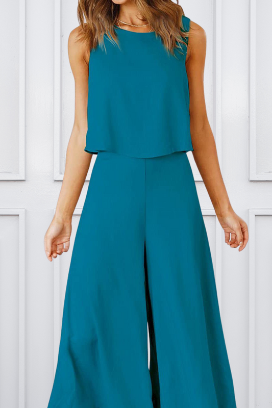 Round Neck Top and Wide Leg Pants Set