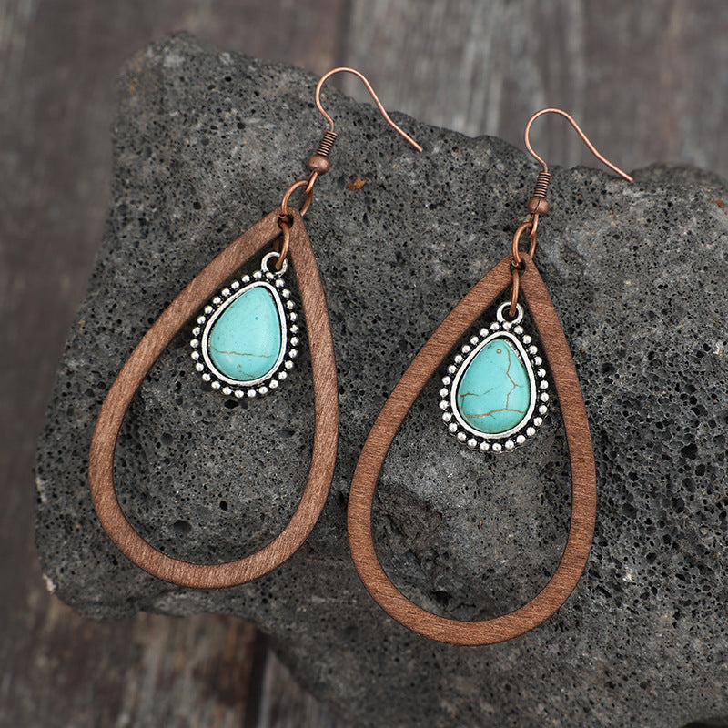 Wooden Turquoise Cutout Teardrop Earrings