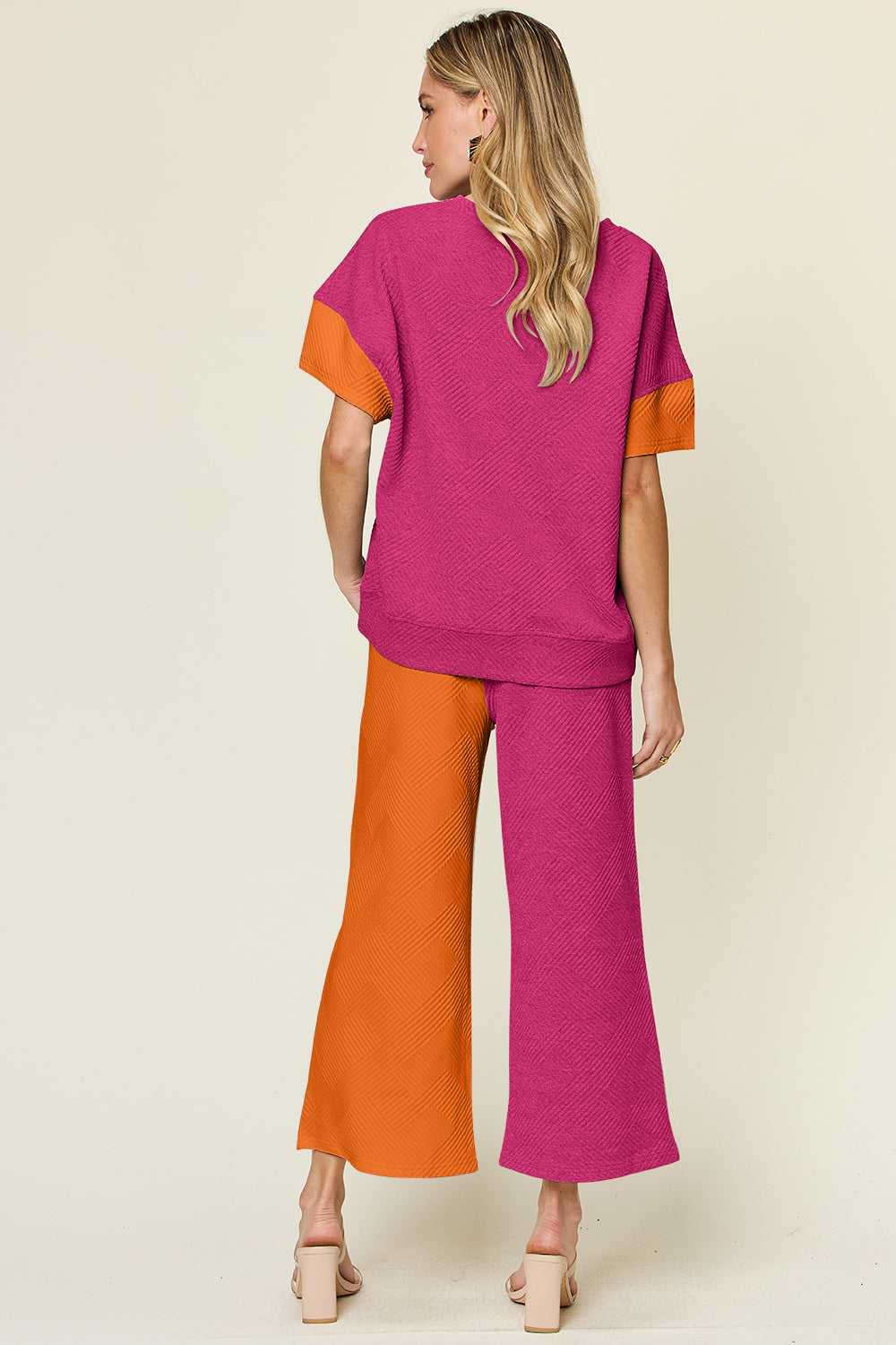 Double Take Full Size Texture Contrast T-Shirt and Wide Leg Pants Set