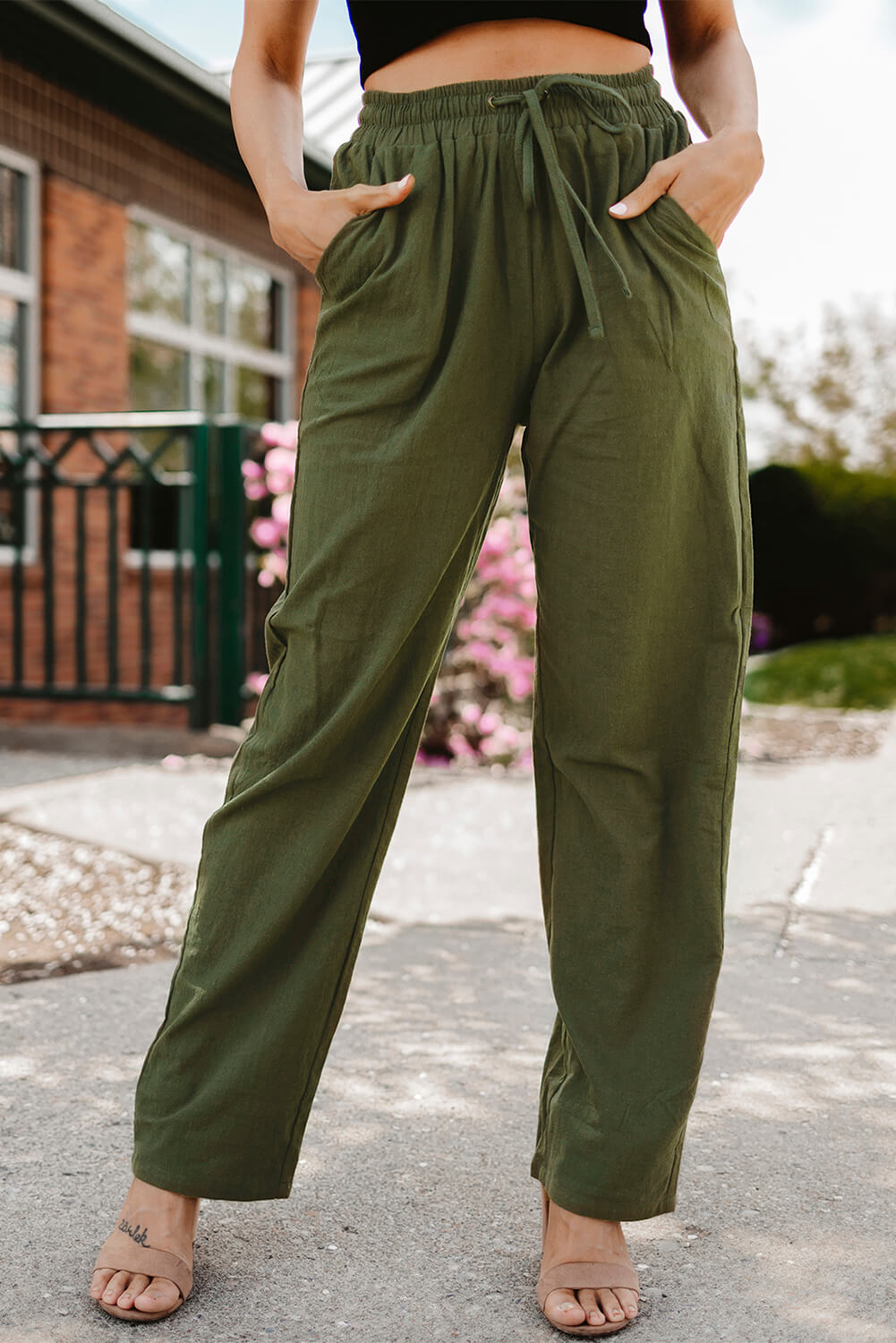 Drawstring Elastic Waist Pants with Pockets