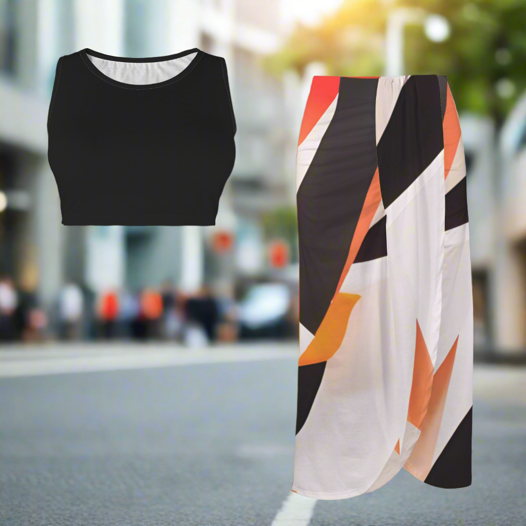 Tokyo Collection: Black Crop Tank Top and Printed Skirt Set