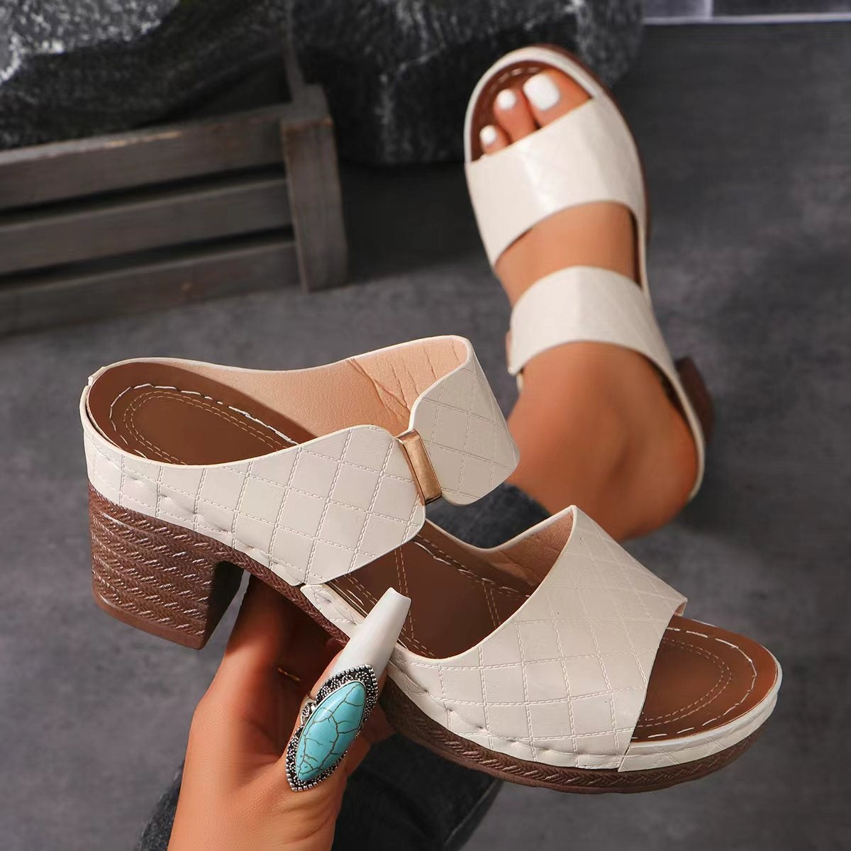 Vegan Leather Block Heel Sandals