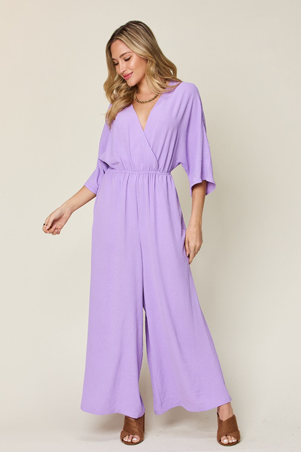 Double Take Full Size Half Sleeve Wide Leg Jumpsuit