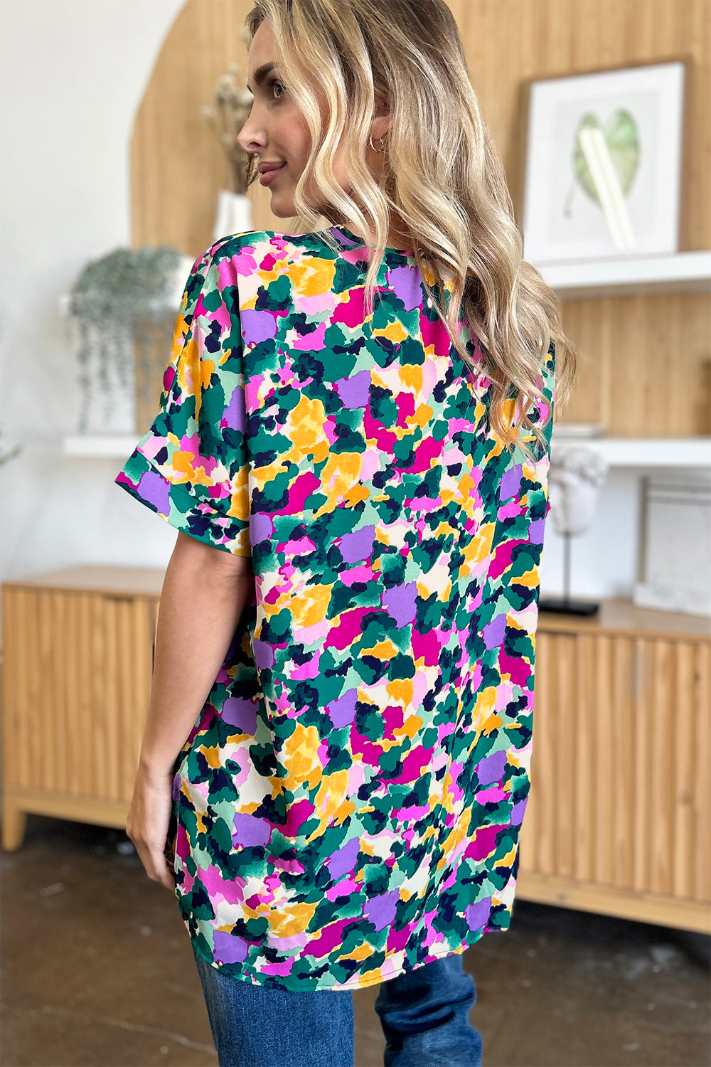 Double Take Full Size Printed V-Neck Short Sleeve Blouse