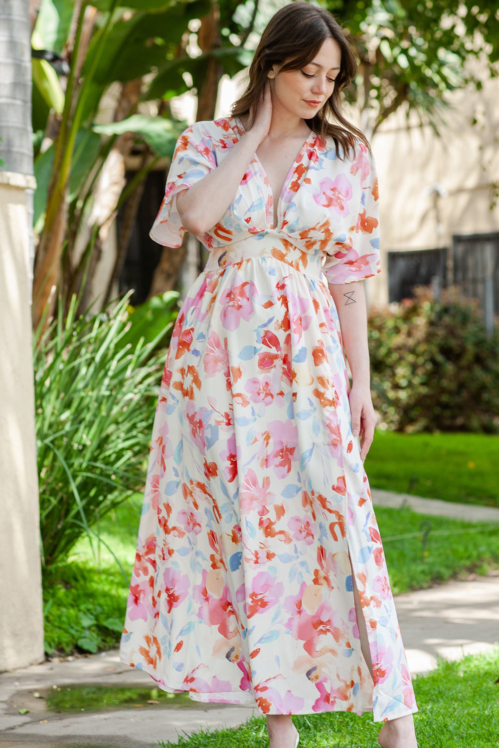 Abstract Floral Slit Maxi Dress