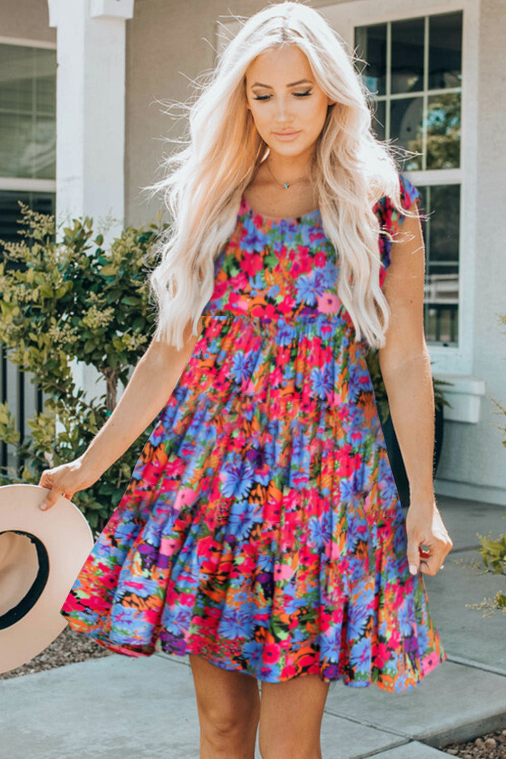 Abstract Floral Cap Sleeve Mini Dress