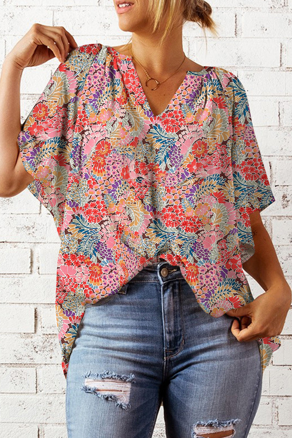 Abstract Floral Notched Neck Flutter Sleeve Blouse