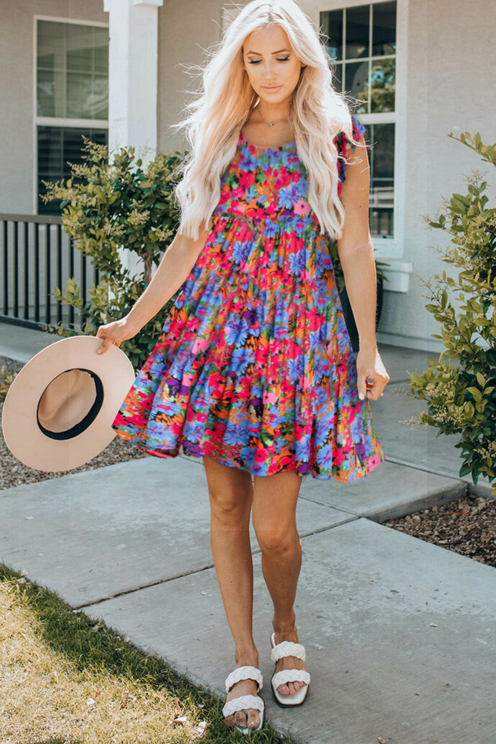 Abstract Floral Cap Sleeve Mini Dress