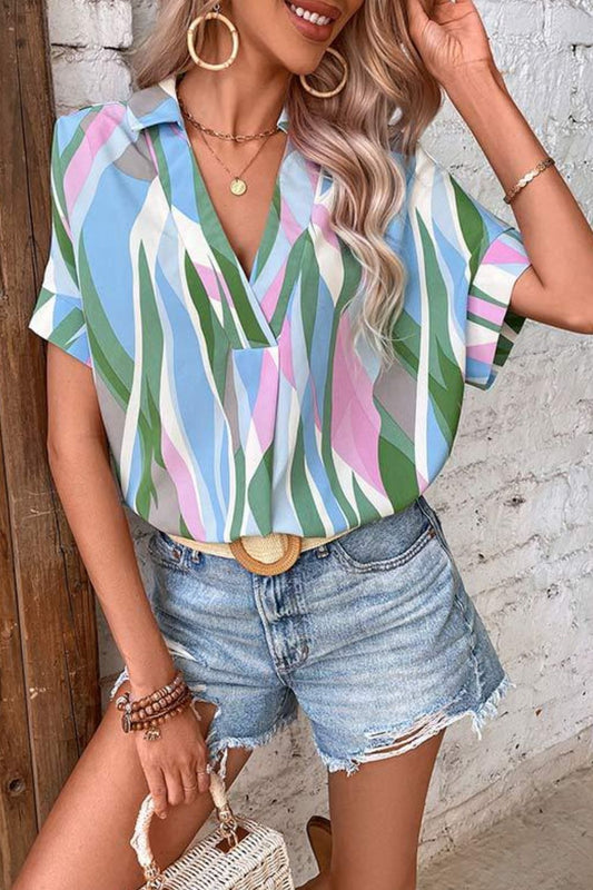 Abstract Print Notched Neck Dolman Sleeve Blouse