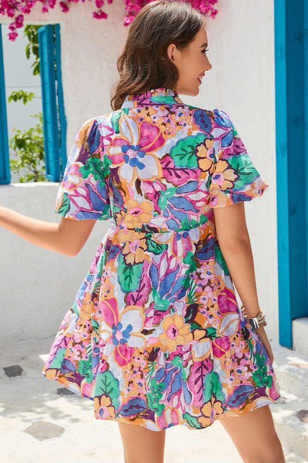 Abstract Floral Notched Neck Ruffle Hem Dress