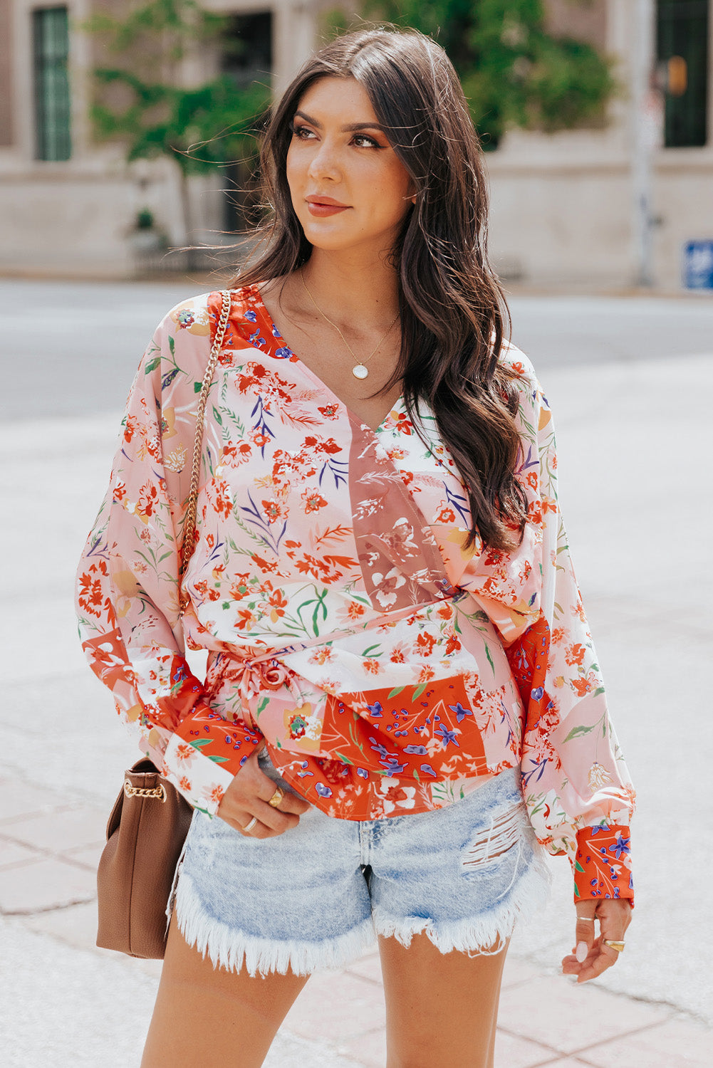 Belted Floral Surplice Blouse