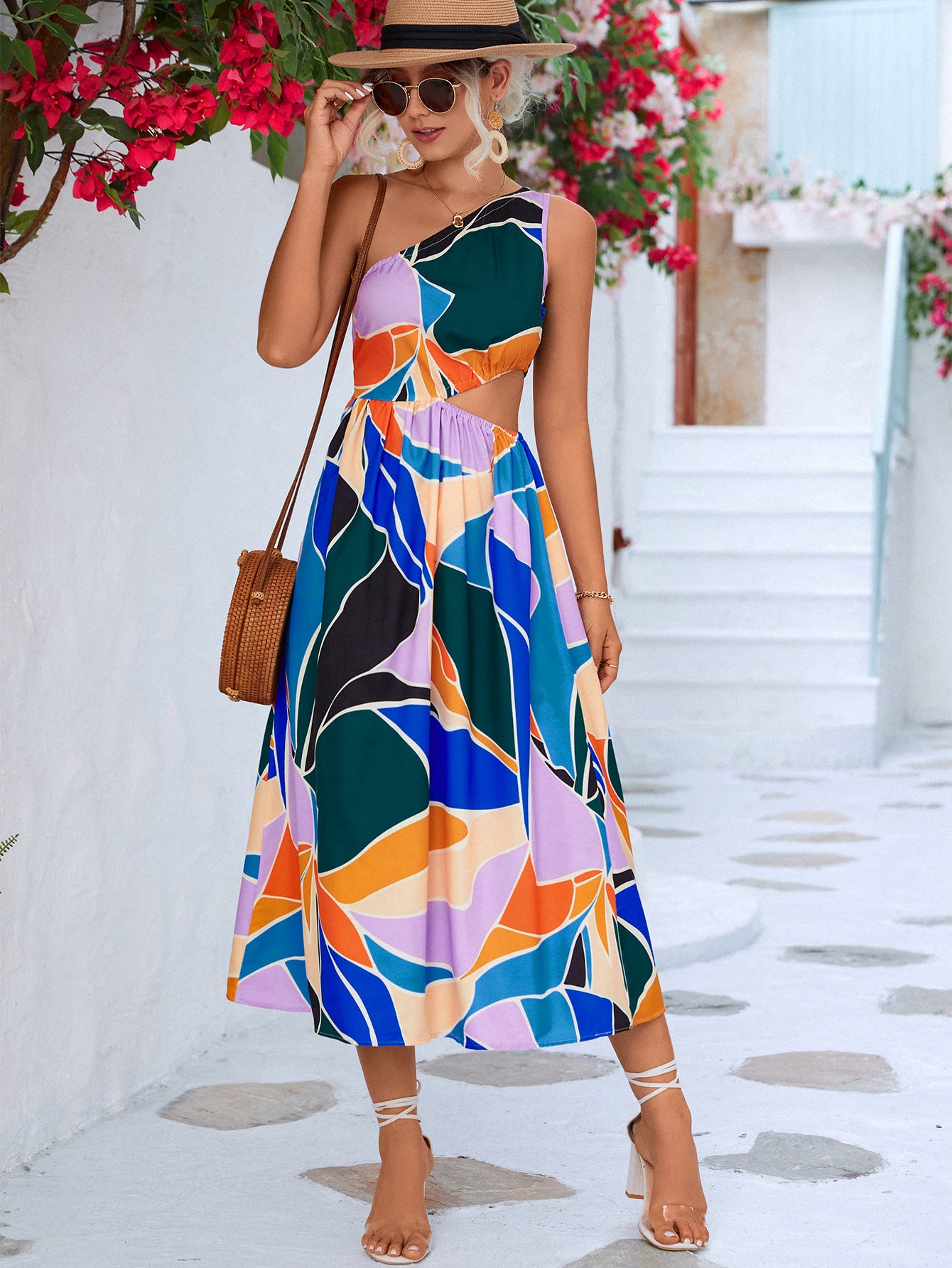 Abstract Print Cutout One-Shoulder Sleeveless Dress