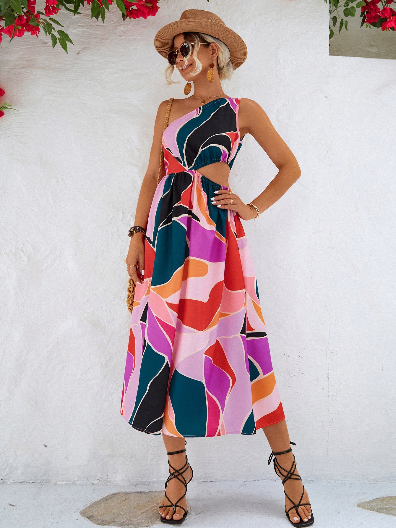 Abstract Print Cutout One-Shoulder Sleeveless Dress