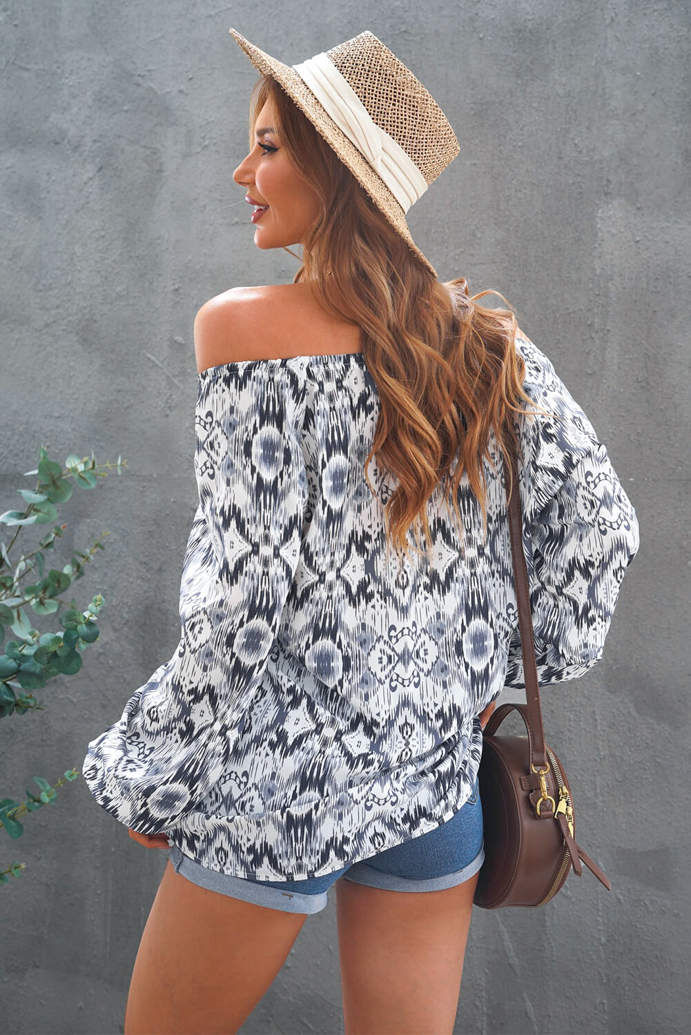 Abstract Printed Tied Balloon Sleeve Blouse
