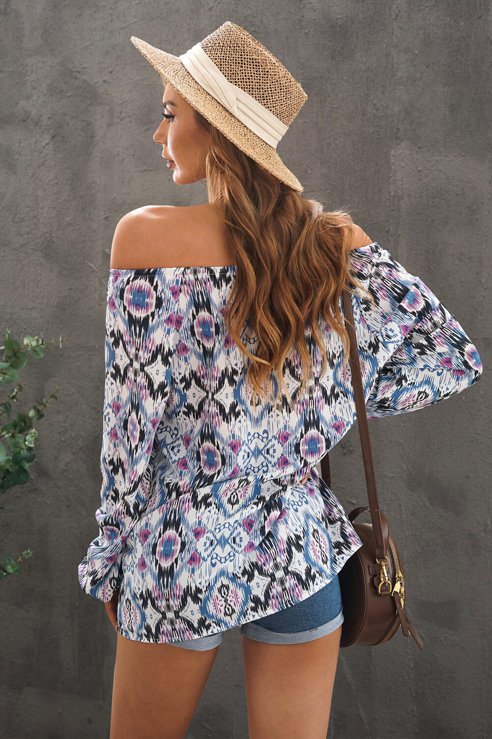 Abstract Printed Off-Shoulder Tied Balloon Sleeve Blouse