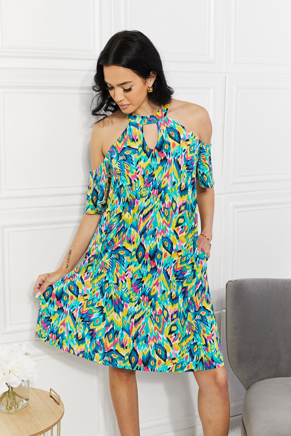 Abstract Printed Cold-Shoulder Dress
