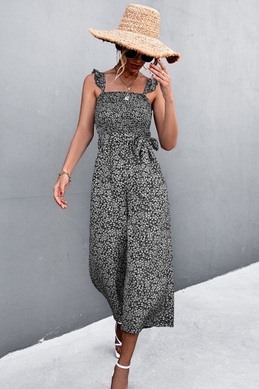 Abstract Print Ruffle Strap Smocked Belted Jumpsuit