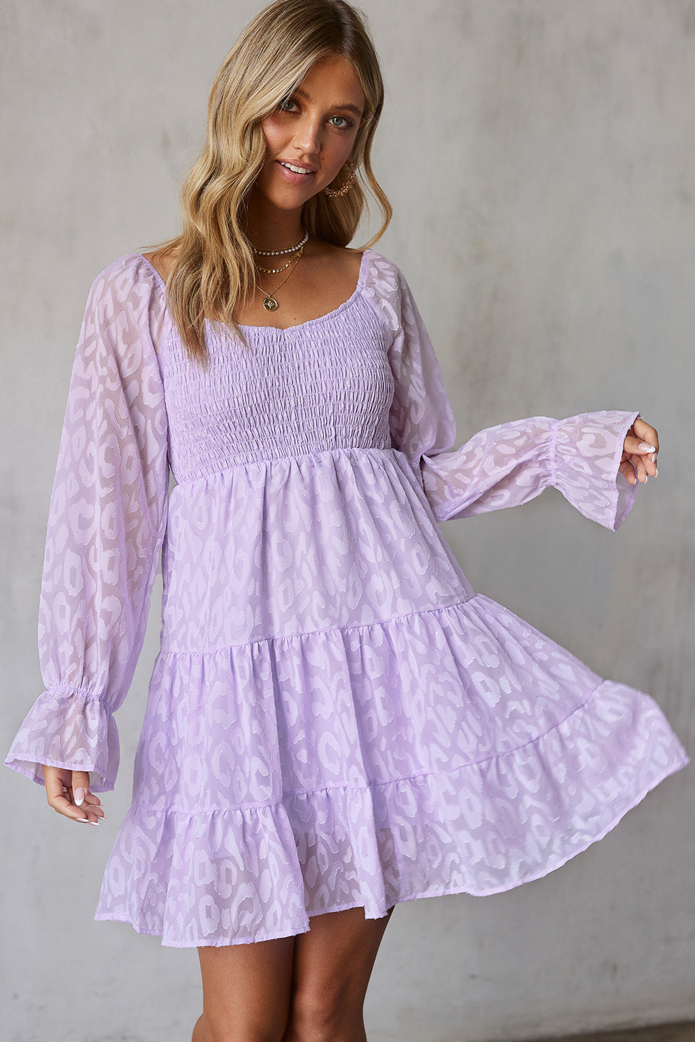 Applique Flounce Sleeve Smocked Tiered Dress