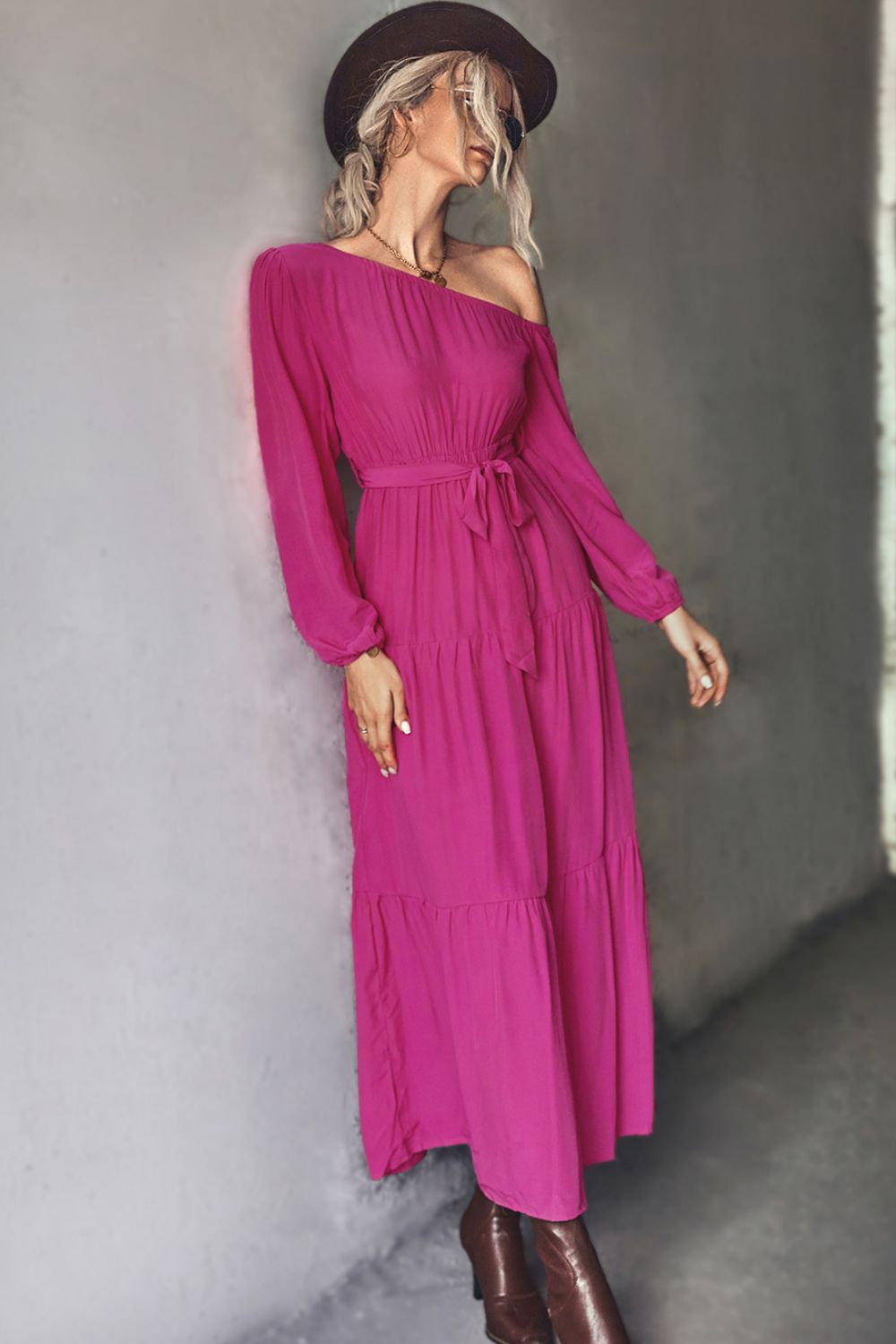 One-Shoulder Belted Tiered Maxi Dress