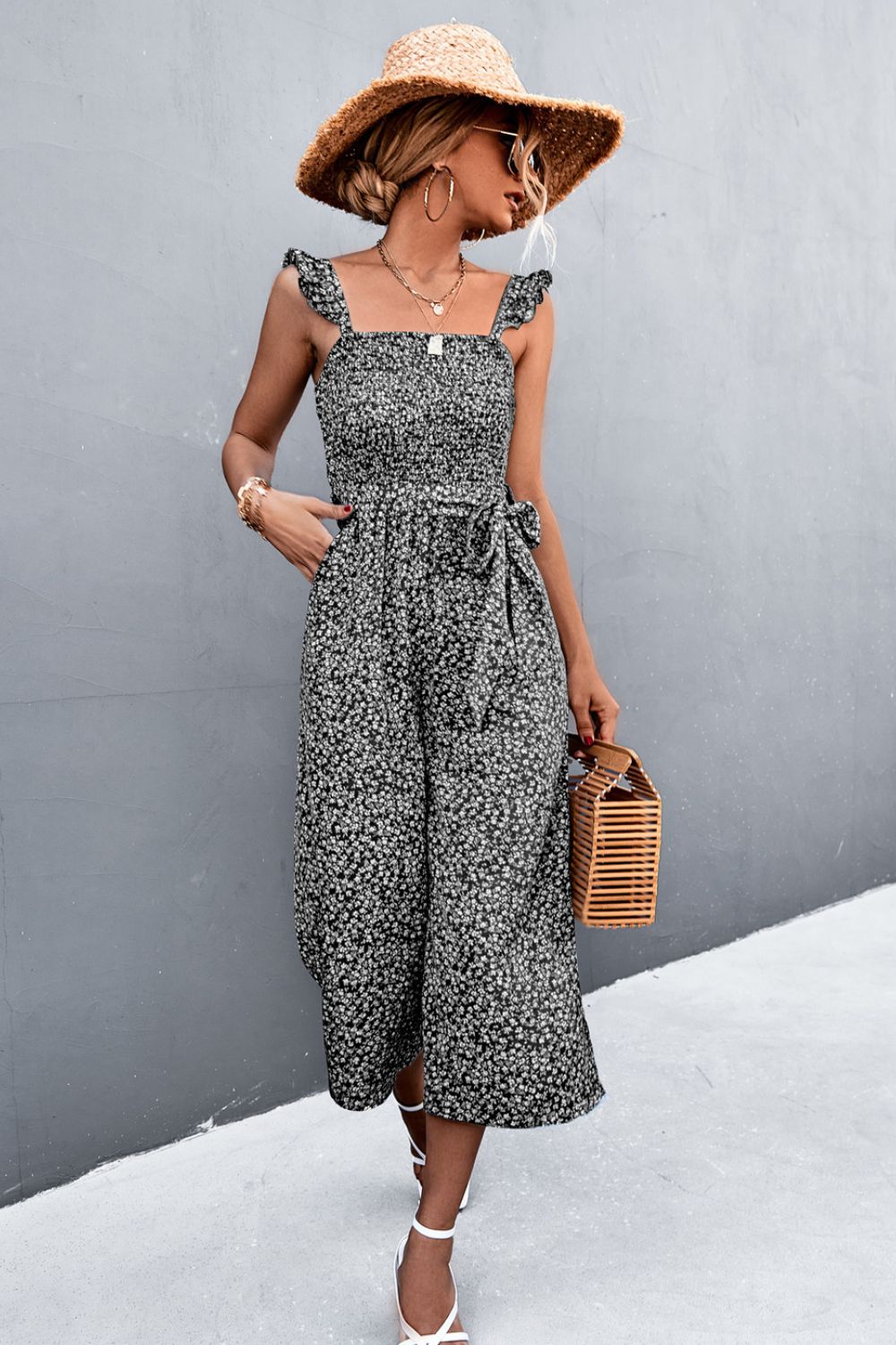 Abstract Print Ruffle Strap Smocked Belted Jumpsuit