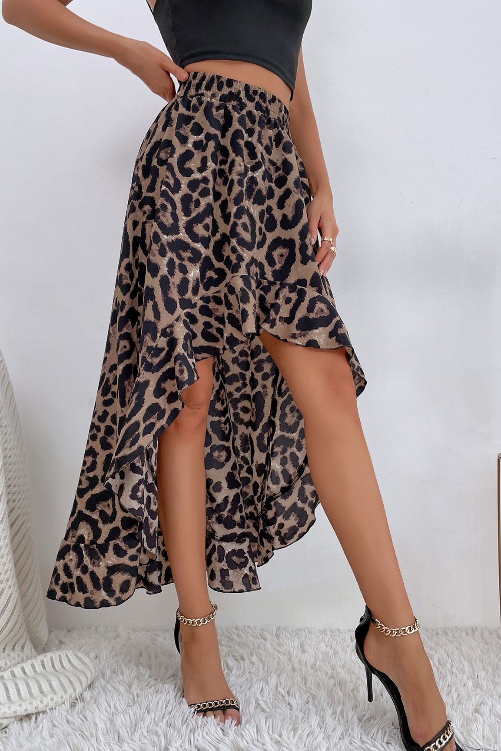 Animal Print Ruffle Hem High-Low Skirt