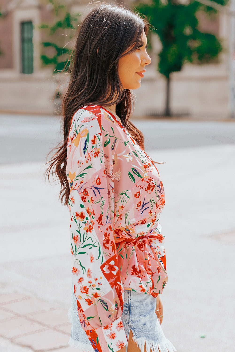 Belted Floral Surplice Blouse