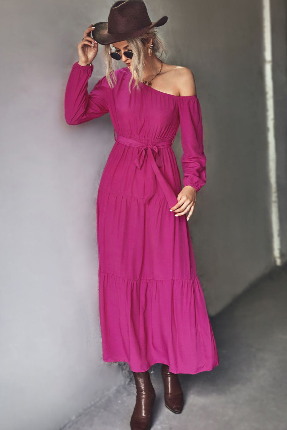 One-Shoulder Belted Tiered Maxi Dress