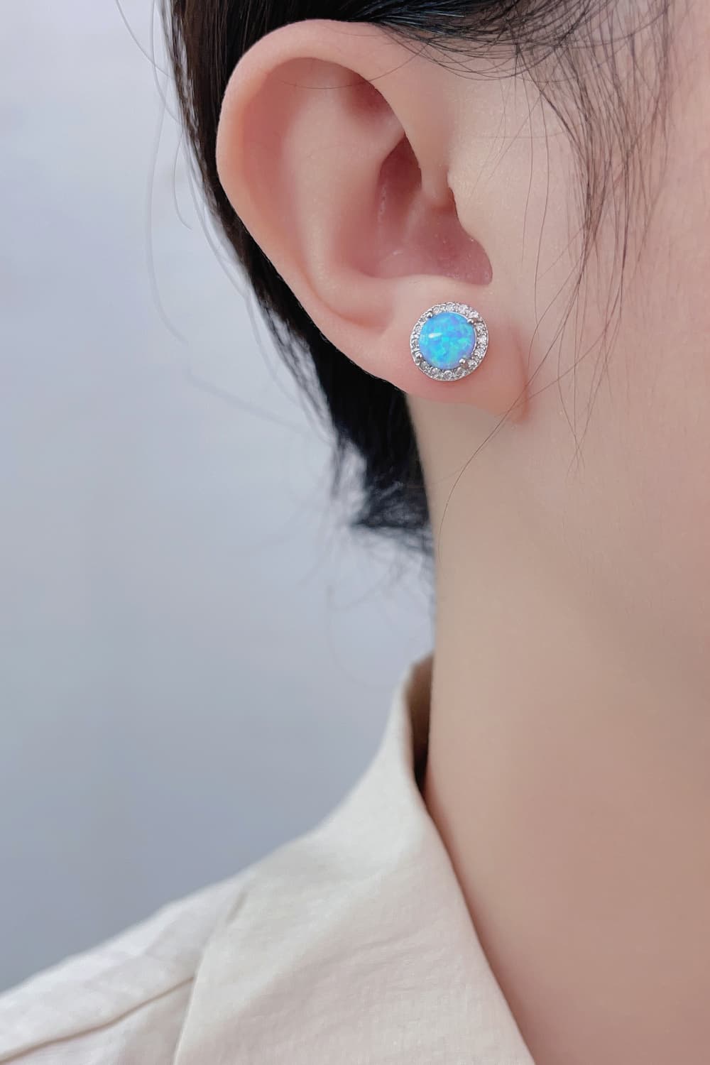 Sterling Silver Platinum-Plated Opal Round Stud Earrings