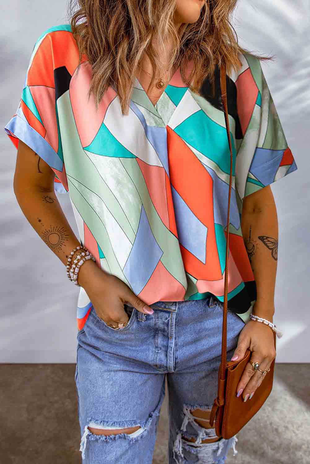 Abstract Printed V-Neck Short Sleeve Blouse