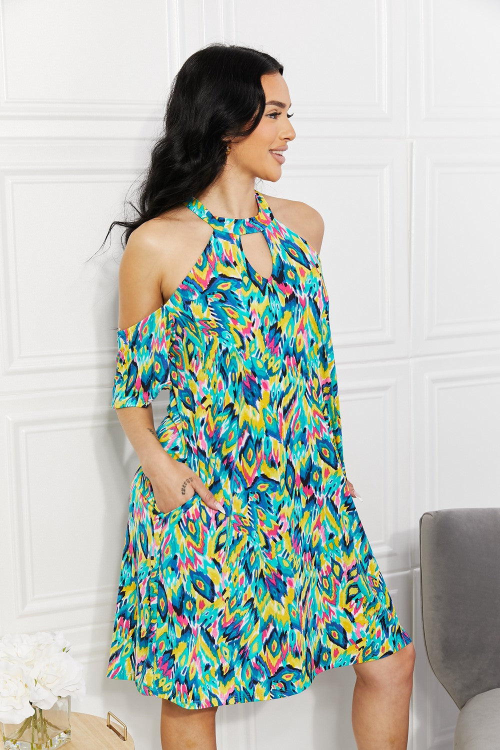 Abstract Printed Cold-Shoulder Dress